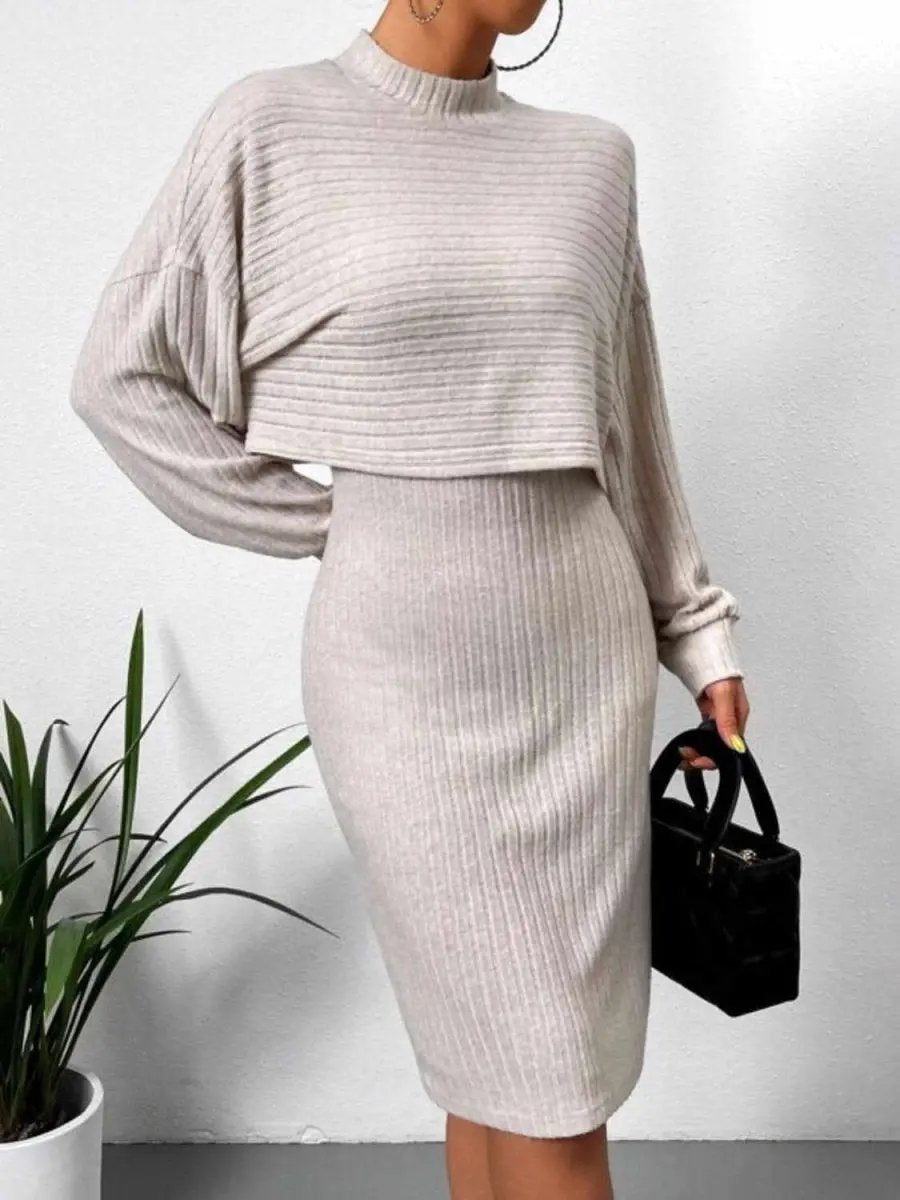 Mock Neck Long Sleeve Top with Wide Strap Dress Combo Set - Love Salve